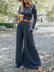 Solid Color Long Sleeves+Wide Leg Suits
