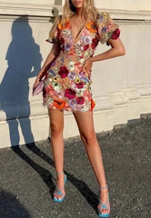 Floral Embroidery Luxury Puff Sleeve Dresses