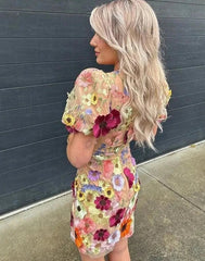 Floral Embroidery Luxury Puff Sleeve Dresses