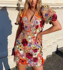 Floral Embroidery Luxury Puff Sleeve Dresses