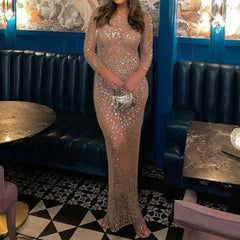 Glitter Bijou Cover-up Mesh See-Through Long Sleeve Slim Dress