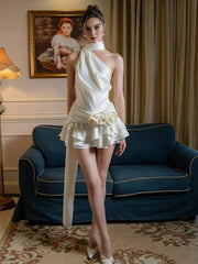 Halter Satin Backless 3D Flower Dress