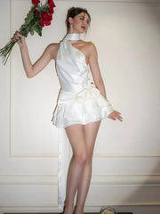 Halter Satin Backless 3D Flower Dress