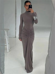 Long Sleeve Pleated Evening Dress