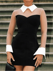 Mesh See-Through Turn-Down Collar Dress