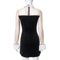 Mesh See-Through Turn-Down Collar Dress