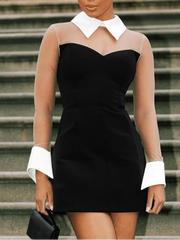 Mesh See-Through Turn-Down Collar Dress