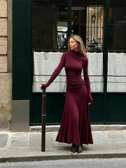 Mock Neck Pleated Hem Maxi Dress