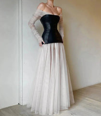 Off the Shoulder Long Sleeves Mesh Photoshoot Dress