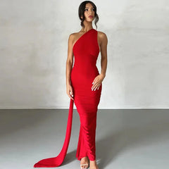 One Shoulder Backless Adjustable Scarf Loop Ruched Sexy Maxi Dress