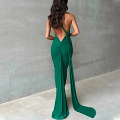 One Shoulder Backless Adjustable Scarf Loop Ruched Sexy Maxi Dress