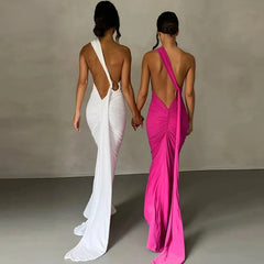 One Shoulder Backless Adjustable Scarf Loop Ruched Sexy Maxi Dress