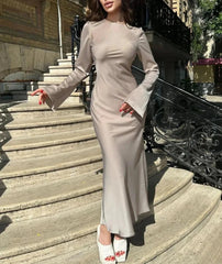 Satin Slim Long Sleeve High Waist Solid Party Dress