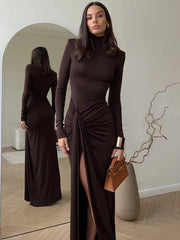 Sexy Turtleneck Thigh-Slit Maxi Bodycon Dress