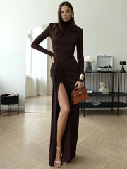 Sexy Turtleneck Thigh-Slit Maxi Bodycon Dress