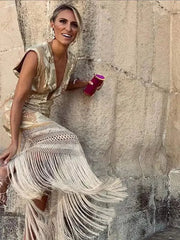 Spliced Lace Tassels V Neck Sleeveless Dress