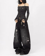 Loose Fit Star Pattern Baggy Jeans