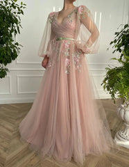 V-Neck Pink Tulle A-line Evening Dress