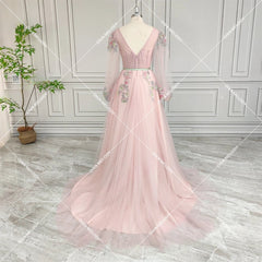 V-Neck Pink Tulle A-line Evening Dress
