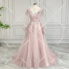 V-Neck Pink Tulle A-line Evening Dress