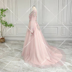 V-Neck Pink Tulle A-line Evening Dress