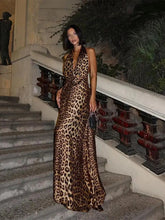 Vintage Leopard Print Halter Backless Floor-Length Maxi Dress