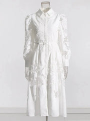 White Lace Puff Sleeve High Waist Slit Dress