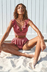 Strawberry Deep V Frill Trim Embroidered Eyelets Bikini Top