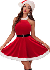 Avidlove Halter Neck Mini Dress Christmas Dress A Line Velvet Party Dress Santa Dress