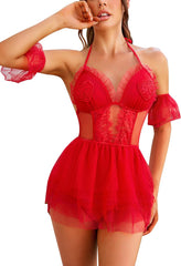 Avidlove Lingerie Mesh Ruffle Halter Costume Dress With Thong 4 pack Nightwear Dress V Neck