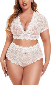Avidlove Plus Size Lingerie Plus Floral Lace Scallop Trim Lingerie Set Deep V Allover Lace Bra Panties Set Clubwear