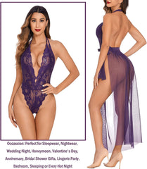 Avidlove Lingerie Nightgowns Deep V Lace Bodysuit Mosaic Lace Teddy Mesh Skirt