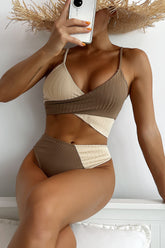 Beige Rib Criss-Cross Colorblock Spliced Bikini Top