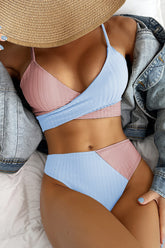 Skyblue Rib Criss-Cross Colorblock Spliced Bikini Top
