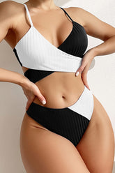 Black Rib Criss-Cross Colorblock Spliced Bikini Top