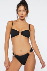 Black Bralette Tie Shoulder Bikini Top With Ring Detail