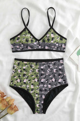 Vintage Floral & Banana Print V-Neck Reversible High-Waist Bikini Set