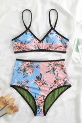 Floral & Pineapple Print V-Neck Reversible High-Waist Bikini Set