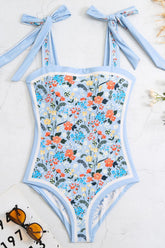 Vintage Blue Floral Print Reversible Tie-Shoulder One Piece Swimsuit