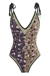 Floral & Banana Print Plunge Reversible Tie-Shoulder One Piece Swimsuit