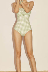 Mint Gingham Adjustable Tie Front Open Back One Piece Swimsuit