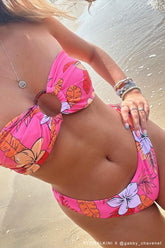 Strapless Bandeau High Cut Bikini Set With Tortoise Shell O-Ring Detail - Pink Floral