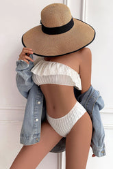 Wave Textured Ruffle One Shoulder High-Waisted Bikini Set