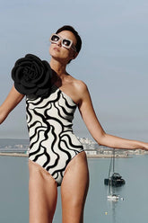 3D Flower Zebra Printed One-Shoulder One-Piece Swimsuit