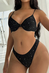 Black Sparkly Rib Underwire High-Cut Bikini Set