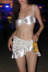 Metallic-Sheen Ruched Underwired Balconette Bikini Set With Knotted Ruffled Mini Skirt