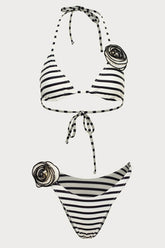 Rosette Triangle Halter High-Cut Bikini Set - Cream Black Stripe
