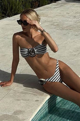 Rosette Bandeau High Waisted Bikini Set - Cream Black Stripe