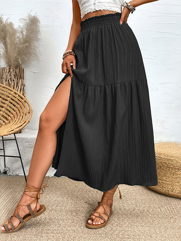 Elasticity Solid Color Split-Joint Split-Side A-Line Loose Skirts Bottoms