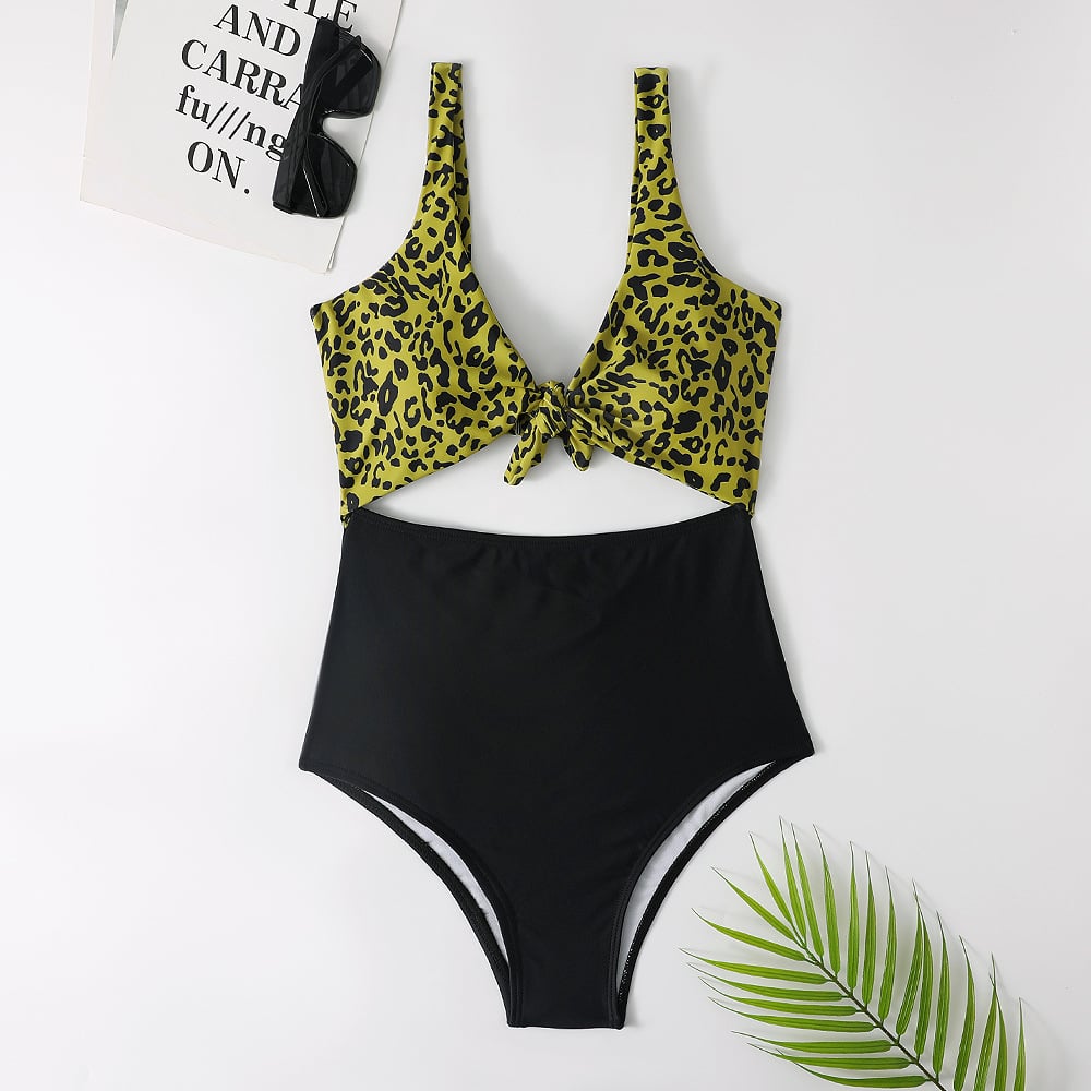 Leopard-Panel High-Waist One Piece Swimsuit